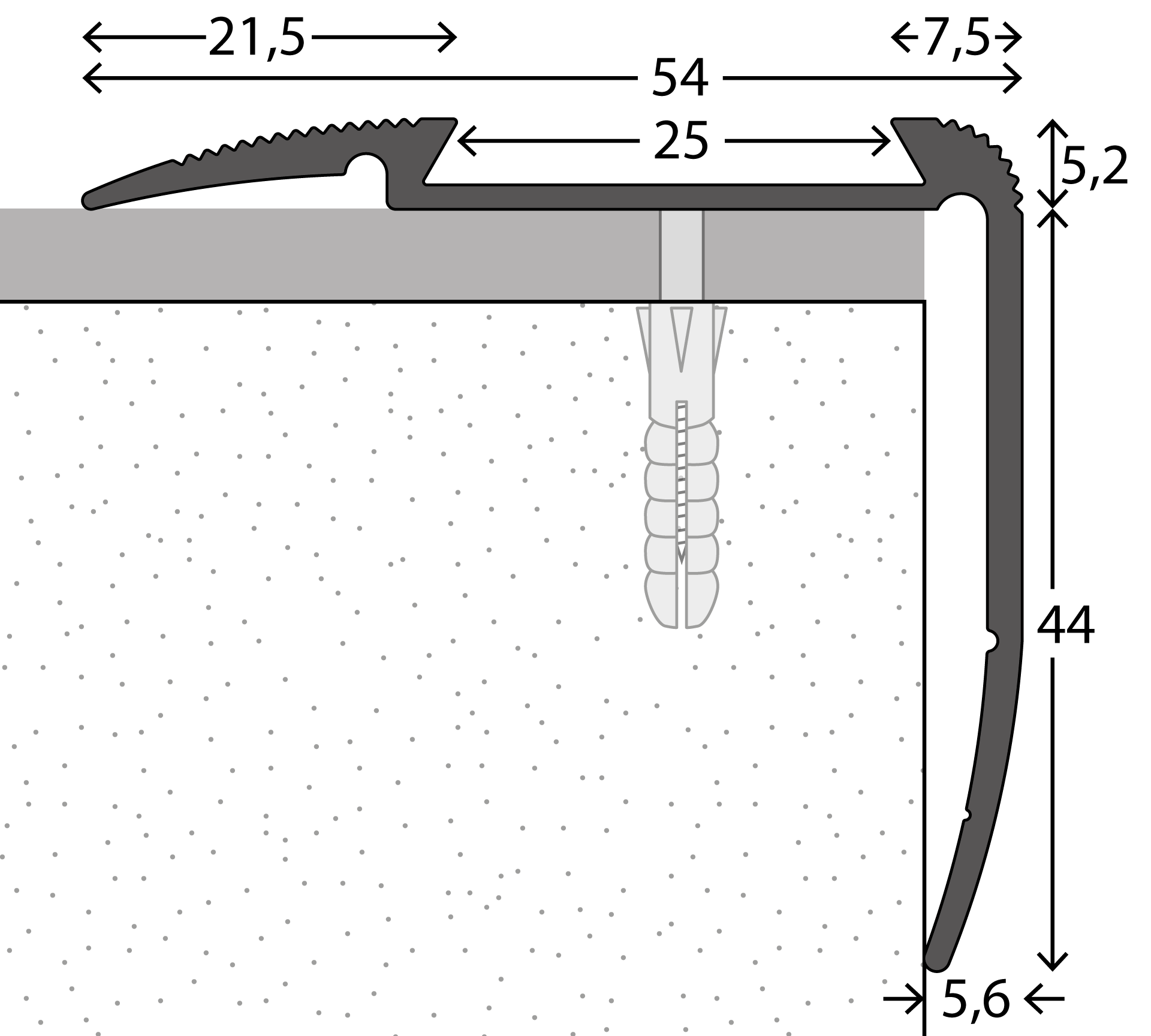 Afbeelding van Trapkant Zilver z. inleg 54 x 44 extra lang 250cm - nr. 194 | 1941311250